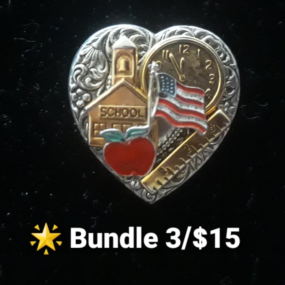 Vintage School Teacher Heart Shape Filigree Metal Pin